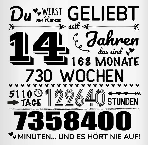 Shirtracer Tasse 14 Jahre - Du wirst von Herzen geliebt, 14. Geburtstag, 14 Jahre Geb, Keramik, 14. Geburtstag Tasse