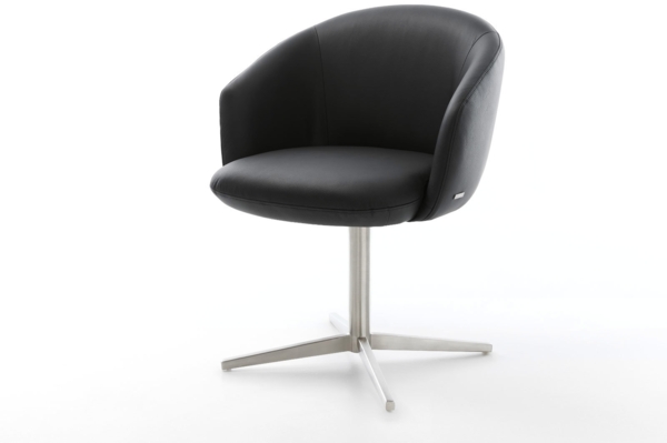 Drehstuhl Caja-Flex mit Armlehnen Echt-Leder Schwarz Fußkreuz Edelstahl 360° drehbar Taschenfederkern