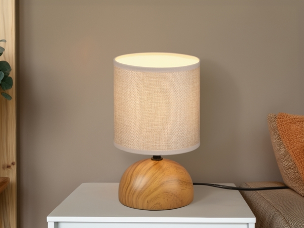 Kleine LED Tischleuchte Keramik in Holzoptik Stoffschirm Beige, Höhe 23cm Bild 4