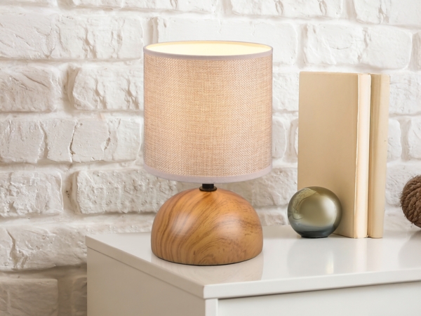 Kleine LED Tischleuchte Keramik in Holzoptik Stoffschirm Beige, Höhe 23cm Bild 6