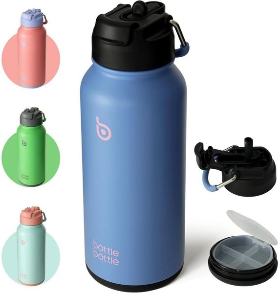 Edelstahl Trinkflasche 1L Sport Strohhalm Thermoskanne Isolierflasche