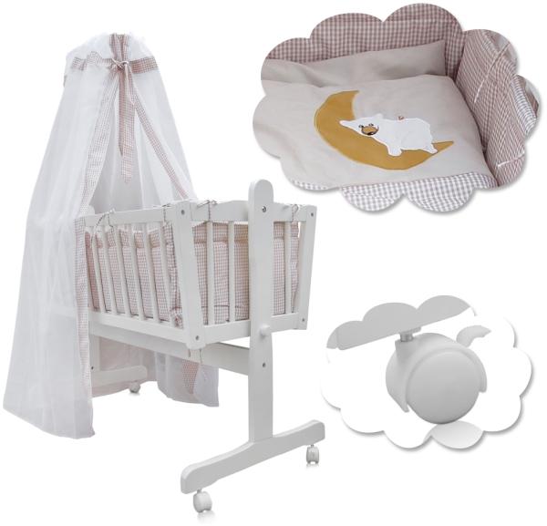 Baby Wiege Kinder Bett Stubenwagen Beistellbett + 9 tlg. Zubehör Weiß Beige