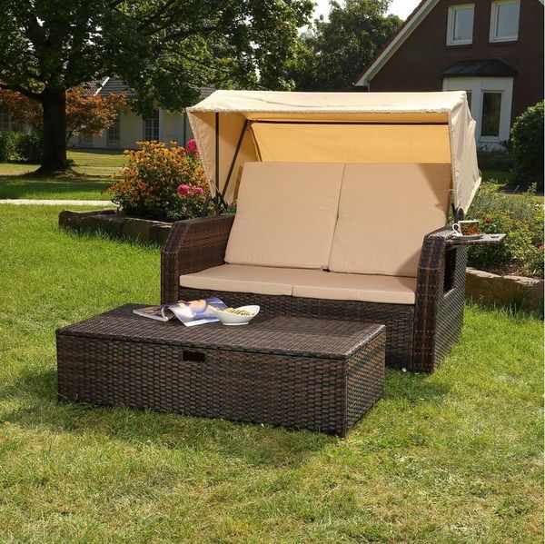 Melko Strandkorb Rattan Strandkorb Sonnenbett Dach Sonnenliege Relaxliege Gartenmöbel, BxTxH: 145x143x130 cm, (Gartenliege mit Hocker)