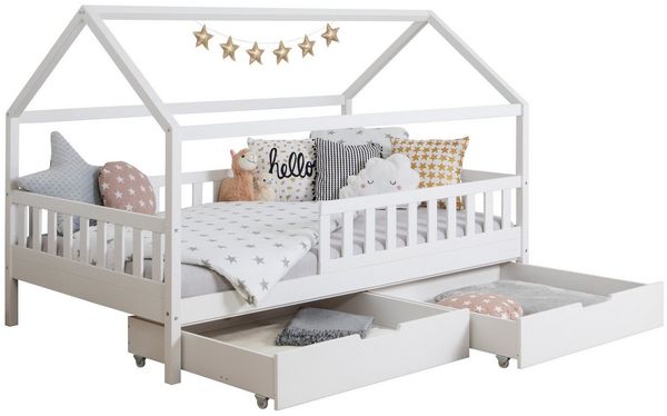 Ticaa Hausbett Kay mit Rausfallschutz und Schubkasten aus Kiefer, Kinderbett 100x200, inkl. Dach, mit Rollrost
