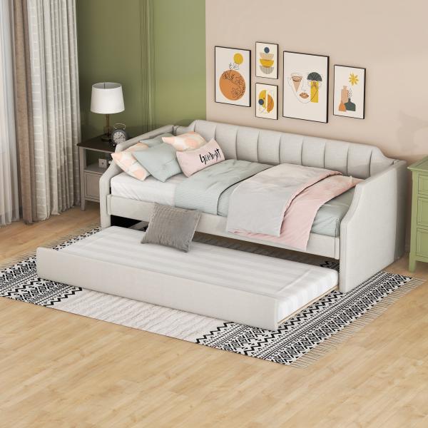 Merax 90 x 200(190) DAY-Betten, Gepolstertes Einzeltagesbett mit Rollbett, Beige