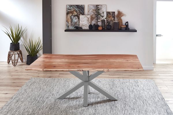 Esstisch Baumkante massiv Akazie natur 240 cm Spider-Gestell Silber QUINCY 74702446