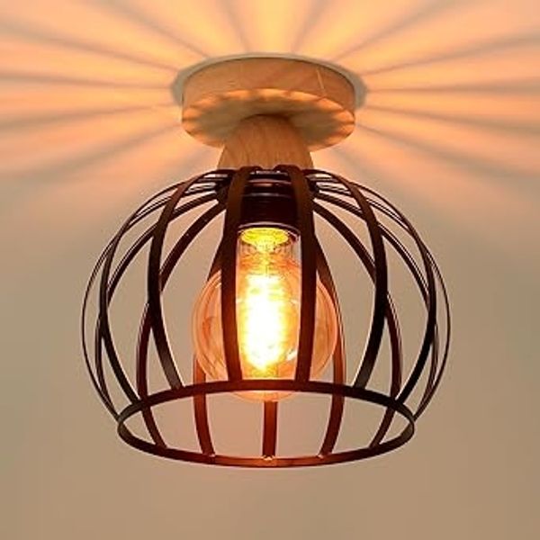 iDEGU Deckenleuchte im Industrial-Stil (E27) — Kafig-Design, Holz- , Metallkonstruktion, 20 cm — Vintage-Hängeleuchte / Retro-Leuchte — Dekorative Beleuchtung fur Schlafzimmer, Wohnzimmer, Flur und Eingangsbereich (Schwarz) [Energieeffizienzklasse A]