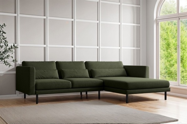 Ecksofa Designersofa AGADA in Stoff Verita Flaschengrün Ottomane Rechts