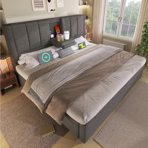 MODFU Polsterbett Polsterbett 180x200 cm, Stauraum, Ladestation, Leinen grau. (Struraumbett, Funktionsbett, Inkl. Lattenrost, Leinen Beige), mit verstecktem Becherhalter & Ladestation