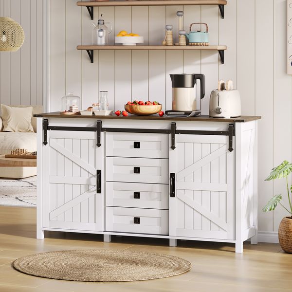Buffet-Anrichte 137x40x81,5 cm mit Schiebetüren, 4 Schubladen und Vintage-Design in Weiß