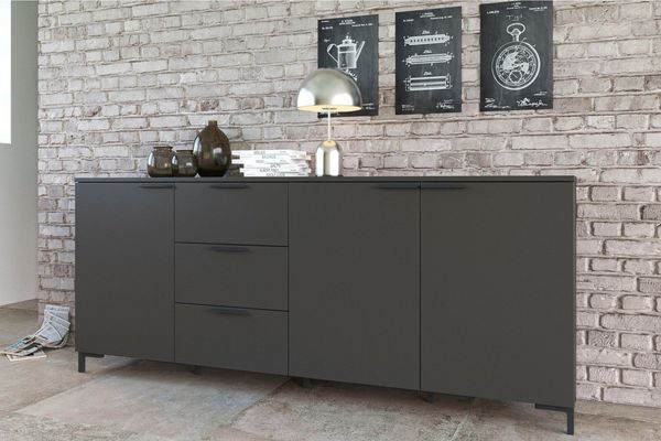 'Alternative' Sideboard mit drei Türen, Faserplatte Kosmos Anthrazit, 201 x 40 x 83,5 cm