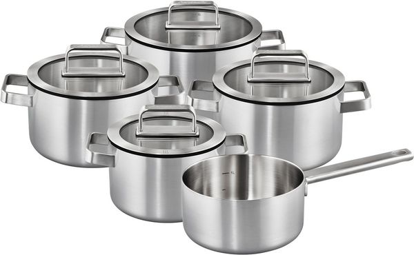 Hanseatic Topf-Set PREMIUM, Edelstahl (Set, 9-tlg, Kochtopf 1x 16 cm / 2x 20 cm / 1x 24 cm, Stielkasserolle 16 cm), handfreundliche Griffe, Literskala, Glasdeckel, Induktion