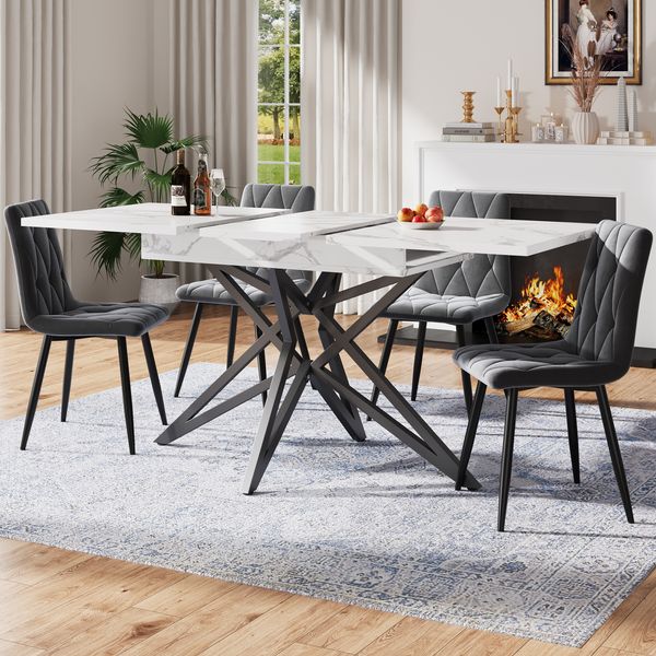 Ausziehbarer Esstisch 120 (160) x 80 cm, ausziehbarer Küchentisch, Frühstückstisch, sternförmige Tischbeine, schwarze Eisenbeine, Tischplatte aus Walnussholz/Marmorimitat