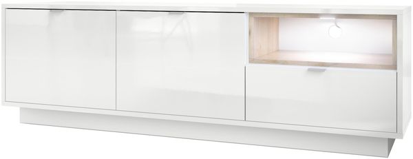 TV Board Lowboard Metro, Korpus in Weiß Hochglanz / Fronten in Weiß Hochglanz mit Einsatz in Eiche Nordic, inkl. LED Beleuchtung