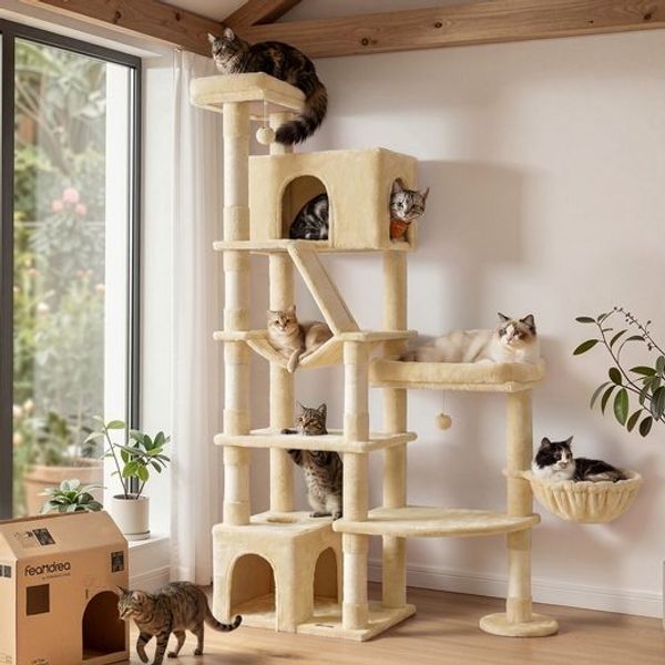 FEANDREA Katzenbaum, extra groß, stabiler Katzenkratzbaum mit Kratzsäulen und Liegeflächen, Plüsch, beige