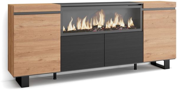 Skraut Home | Sideboard, Highboard | Kommode, Komodenschrank | 210 | 4 Türen | Elektrokamin XXL | Industriedesign | Moderner Stil | Eiche Schwarz