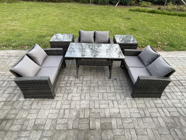 Fimous 6 Sitzer Polyrattan Gartenmöbel-Sets mit Länglicher Esstisch Doppelsitzsofa 2 Beistelltischen Dunkelgrau gemischt