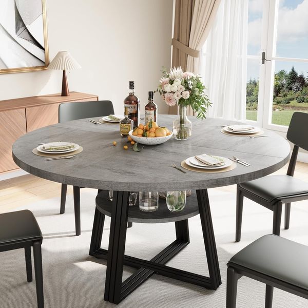 GarveeHome Runder Esstisch Für 4-6 Personen, 120 cm Langer Küchentisch Mit Stauraum, Esstisch Aus Holz Mit Stabilen Beinen Für Küche, Esszimmer, Wohnung,Grau