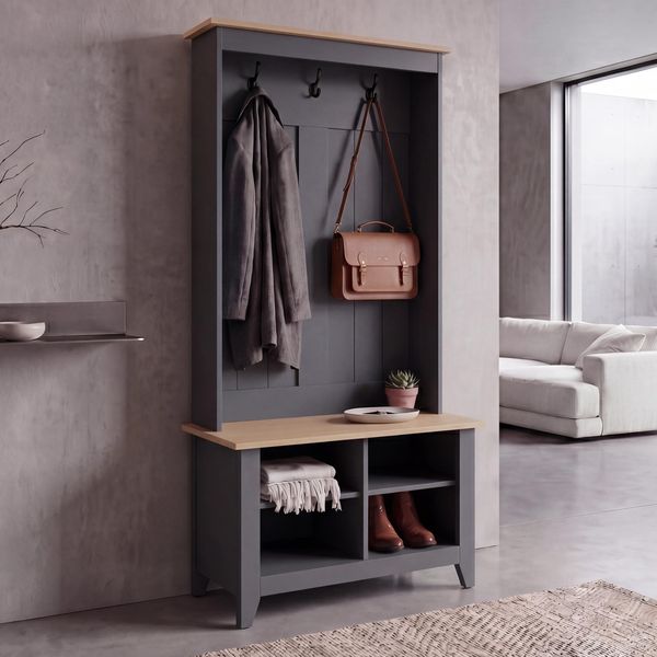 Garderobe HWC-P28, Standgarderobe Schuhregal Sitzbank, 3 Haken 4 Staufächer Melamin 170 x 76 x 39 cm ~ dunkelgrau, natur