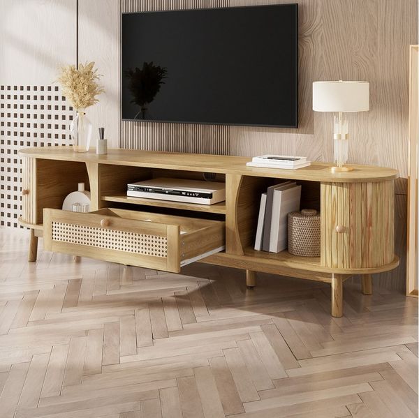 MODFU TV-Schrank im Landhausstil mit Rattan & Massivholz (Packung, 1-St, 165x46x37 cm, mit 1 Schublade, 2 Schiebetüren & niedriger Front) Für eine gemütliche und natürliche Aufbewahrung im Wohnbereich