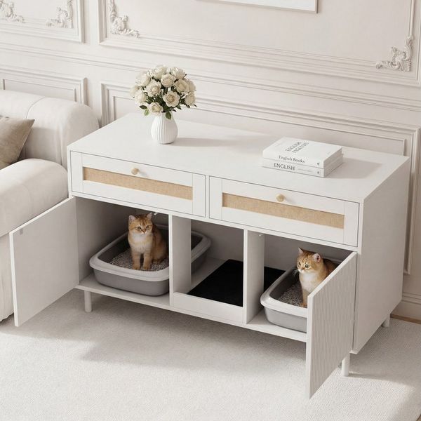 Flieks Mehrzweckschrank Katzentoilettenschrank mit Katzenstreufangmatte und Rattan-Schubladen (1-St, 120x50x65 cm) Katzenstreuwanne-Schrank Tierhaus Sideboard Weiß