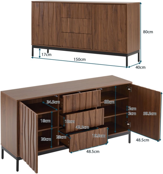 Merax Sideboard 150cm Eiche dunkel gemasert, 3 Schubladen, großes Sideboard, Küchenschrank, einteilige Aussparung, Mid Century Modern Dekorativer Schrank für Küche, Wohnzimmer, Eingangsbereich Bild 4