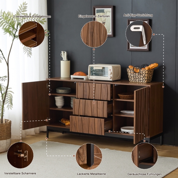 Merax Sideboard 150cm Eiche dunkel gemasert, 3 Schubladen, großes Sideboard, Küchenschrank, einteilige Aussparung, Mid Century Modern Dekorativer Schrank für Küche, Wohnzimmer, Eingangsbereich Bild 7