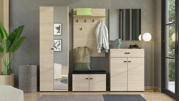 Home affaire Garderoben-Set Rathlin Flurmöbel, Dielenmöbel, Flurschrank, Flurgarderobe, (5-St, 5tlg), inkl. 2 Schränke, Sitzbank mit Kissen, Garderobenpaneele und Spiegel