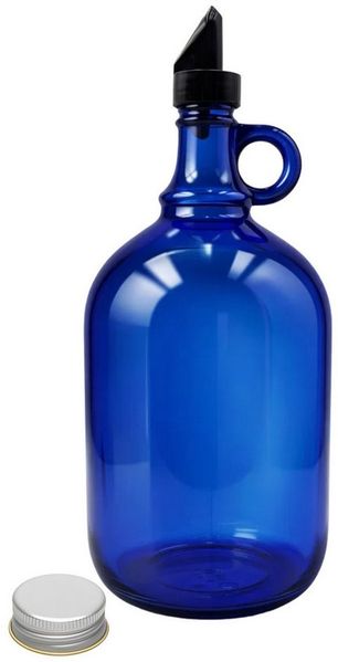 mikken Trinkflasche Henkelflasche 2000 ml blau mit Ausgießer und Deckel Glasflasche, UV-Schutz, 2 Liter, mit Henkel