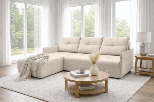AX LIVING Ecksofa Damascus Beige mit Schlaffunktion Bettkasten Schlafsofa 212 cm links