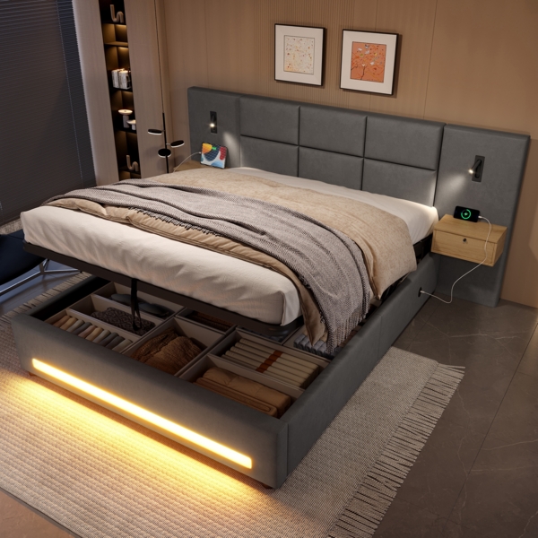 Polsterbett 180×200 cm Samt-Velours,verlängertes Kopfteil mit Schubladen,hydraulischer Unterbett-Stauraum,LED-Fußleiste,Dunkelgrau Bild 4