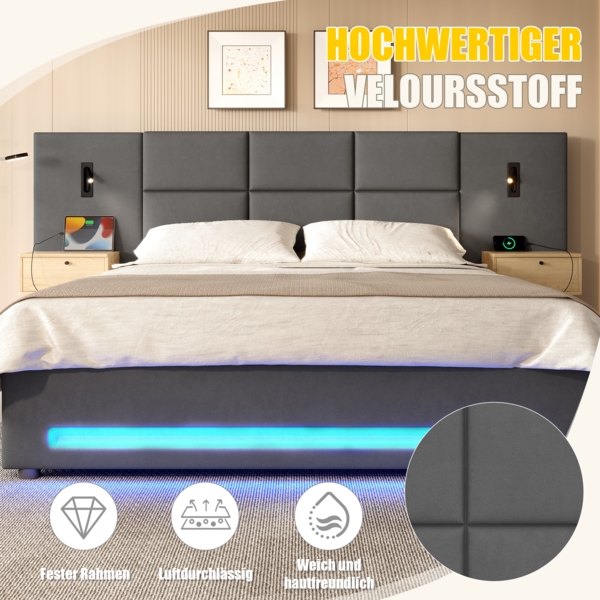 Polsterbett 180×200 cm Samt-Velours,verlängertes Kopfteil mit Schubladen,hydraulischer Unterbett-Stauraum,LED-Fußleiste,Dunkelgrau Bild 6
