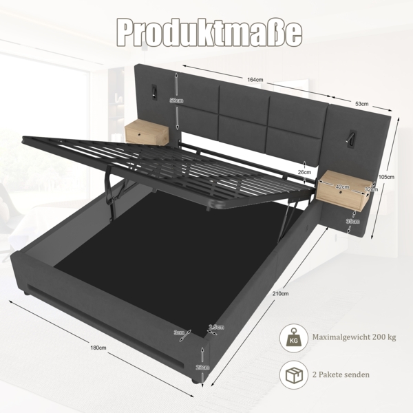 Polsterbett 180×200 cm Samt-Velours,verlängertes Kopfteil mit Schubladen,hydraulischer Unterbett-Stauraum,LED-Fußleiste,Dunkelgrau Bild 8