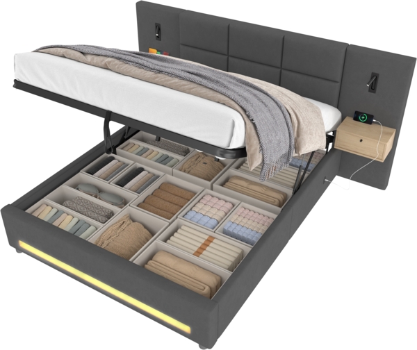 Polsterbett 180×200 cm Samt-Velours,verlängertes Kopfteil mit Schubladen,hydraulischer Unterbett-Stauraum,LED-Fußleiste,Dunkelgrau Bild 10