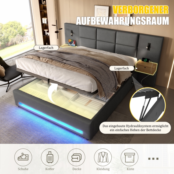 Polsterbett 180×200 cm Samt-Velours,verlängertes Kopfteil mit Schubladen,hydraulischer Unterbett-Stauraum,LED-Fußleiste,Dunkelgrau Bild 5