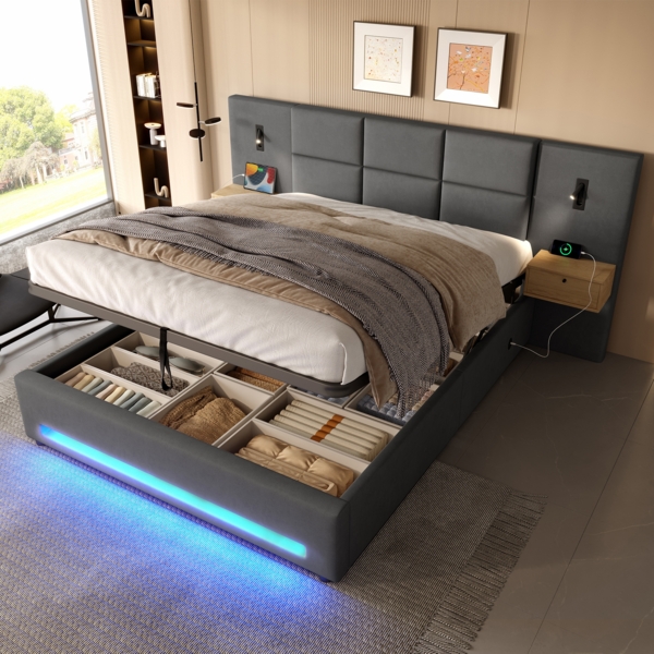 Polsterbett 180×200 cm Samt-Velours,verlängertes Kopfteil mit Schubladen,hydraulischer Unterbett-Stauraum,LED-Fußleiste,Dunkelgrau Bild 1