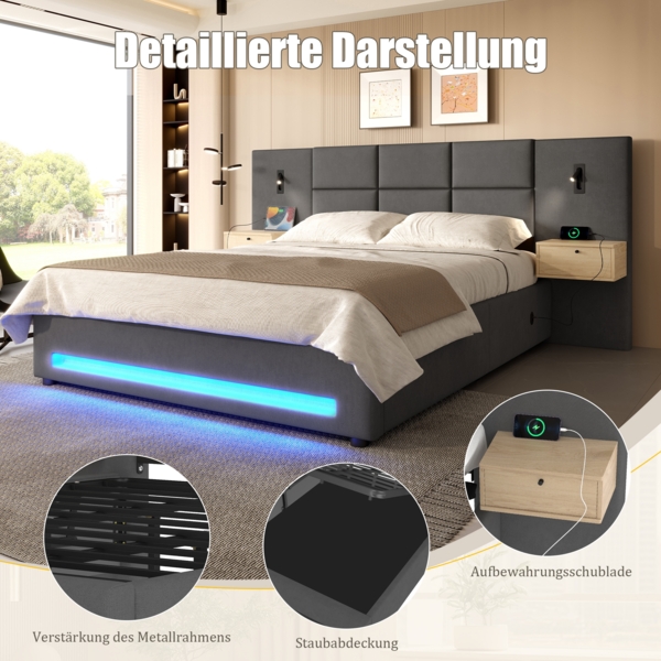 Polsterbett 180×200 cm Samt-Velours,verlängertes Kopfteil mit Schubladen,hydraulischer Unterbett-Stauraum,LED-Fußleiste,Dunkelgrau Bild 7