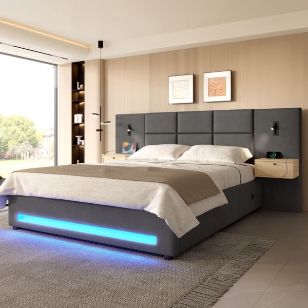 Polsterbett 180×200 cm Samt-Velours,verlängertes Kopfteil mit Schubladen,hydraulischer Unterbett-Stauraum,LED-Fußleiste,Dunkelgrau Bild 3