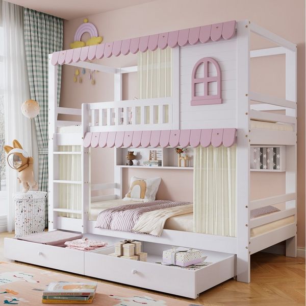 STILVORA Etagenbett 90x200 mit Schubladen&Matratze,Kinderbett Begestell mit Regale&Zäunen (Etagenbett Kinderbett Weiß & Rosa mit Fenster, Vorhängen, Fallschutzgitter & Offenem Regal - Mit Zwei Schubladen, Sicherer Zugang und Reichlich Stauraum, 90x200c...
