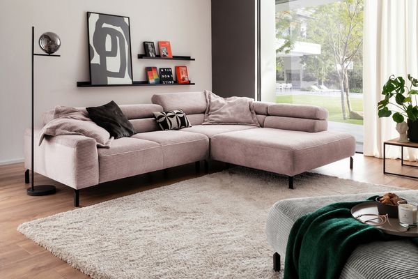 KAWOLA Sofa DELIA Ecksofa Cord rosa Recamiere rechts 74 x 219 x 276 cm