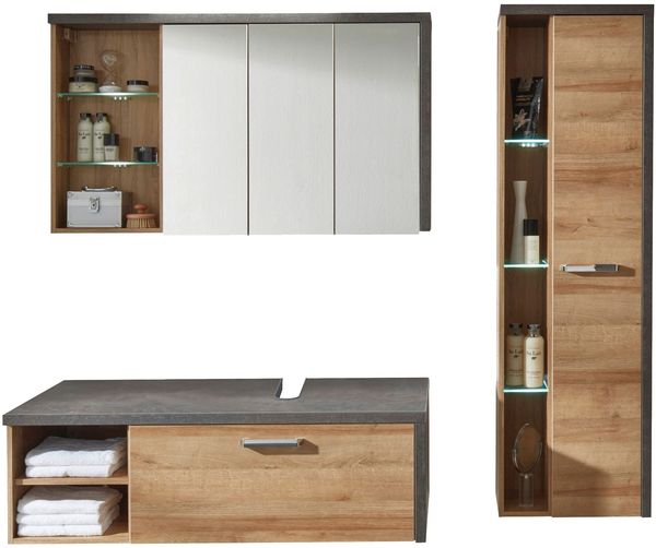 Badmöbel Set "Bay" Eiche Riviera, Beton grau, 3-teilig (186x190 cm), ohne Waschbecken