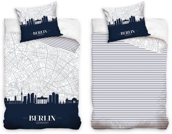 MTOnlinehandel Bettwäsche Berlin Skyline 135x200 + 80x80 cm, 100 % Baumwolle, Renforcé, 2 teilig, coole Bettwäsche Berlin für Kinder, Teenager & Erwachsene