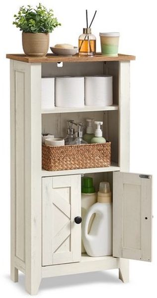 VASAGLE Badezimmerschrank im Landhausstil, Badschrank, offene Fächer, mit Türen, weiß-braun