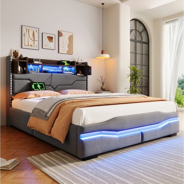 TavilaEcon Boxspringbett Polsterbett mit LED-Licht & Ladestation & Integrierte Steckdosen, USB-Typ C & versteckter Nachttisch, 140*200 cm, Grau