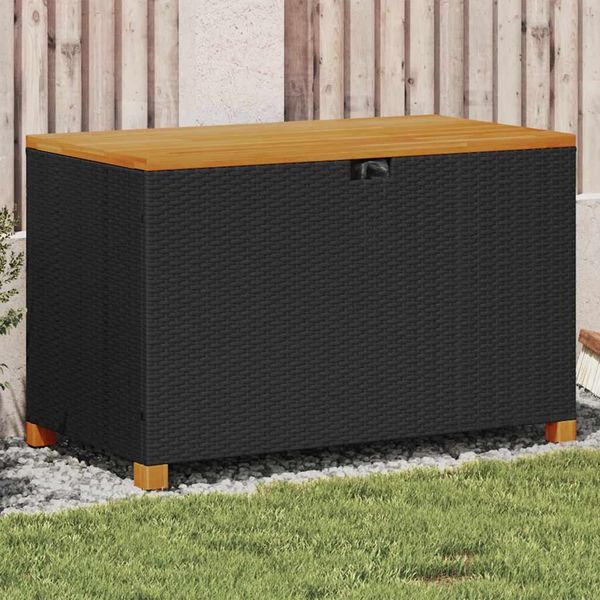 Gartenbox | Gartentruhe Schwarz 110x55x63 cm Poly Rattan Akazienholz