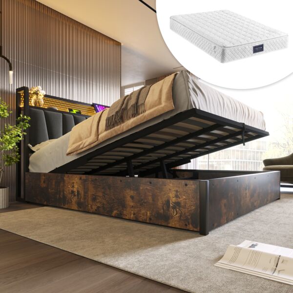 Polsterbett 140x200 cm, Leinen, LED-Kopfteil mit USB-Anschluss & Stauraum, Grau, mit Matratze