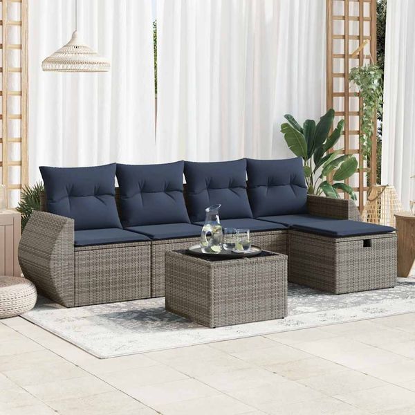 vidaXL 6-tlg. Garten-Sofagarnitur mit Kissen Grau Poly Rattan 3325577