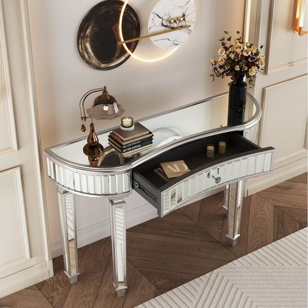 REDOM Konsolentisch mit Spiegeloberfläche, Fluted-Glass-Dekor, Kristallknopf-Schublade, Sofatisch Beistelltisch
