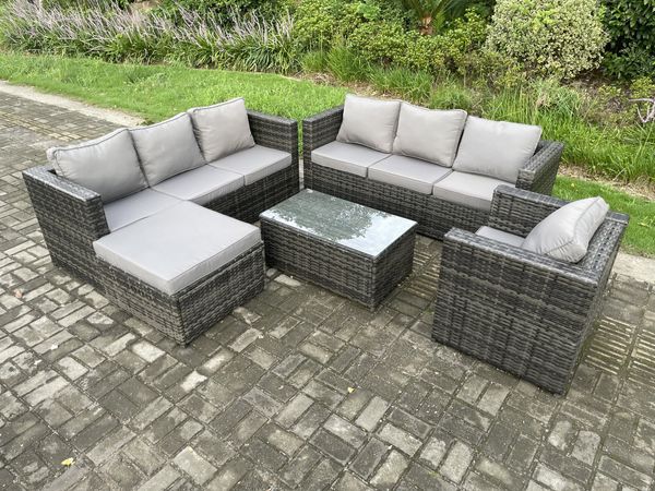 Fimous 8-Sitzer Rattan Gartenmöbel Set Indoor Outdoor Patio Sofa Set mit Länglichem Couchtisch Sessel Großer Fußhocker Dunkelgrau Gemischt