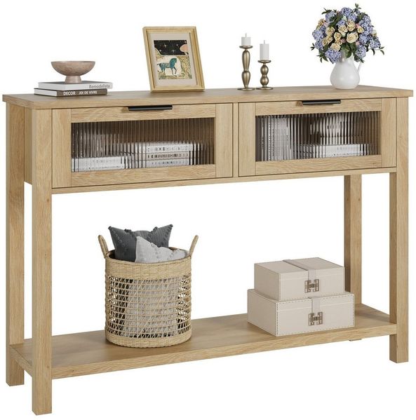 GarveeMore Konsolentisch 2-stufiger aus Holz mit 2 Glasschubladen und Stauraum, Eingangstisch,Sofatisch für Wohnzimmer und Foyer,110x30x80cm